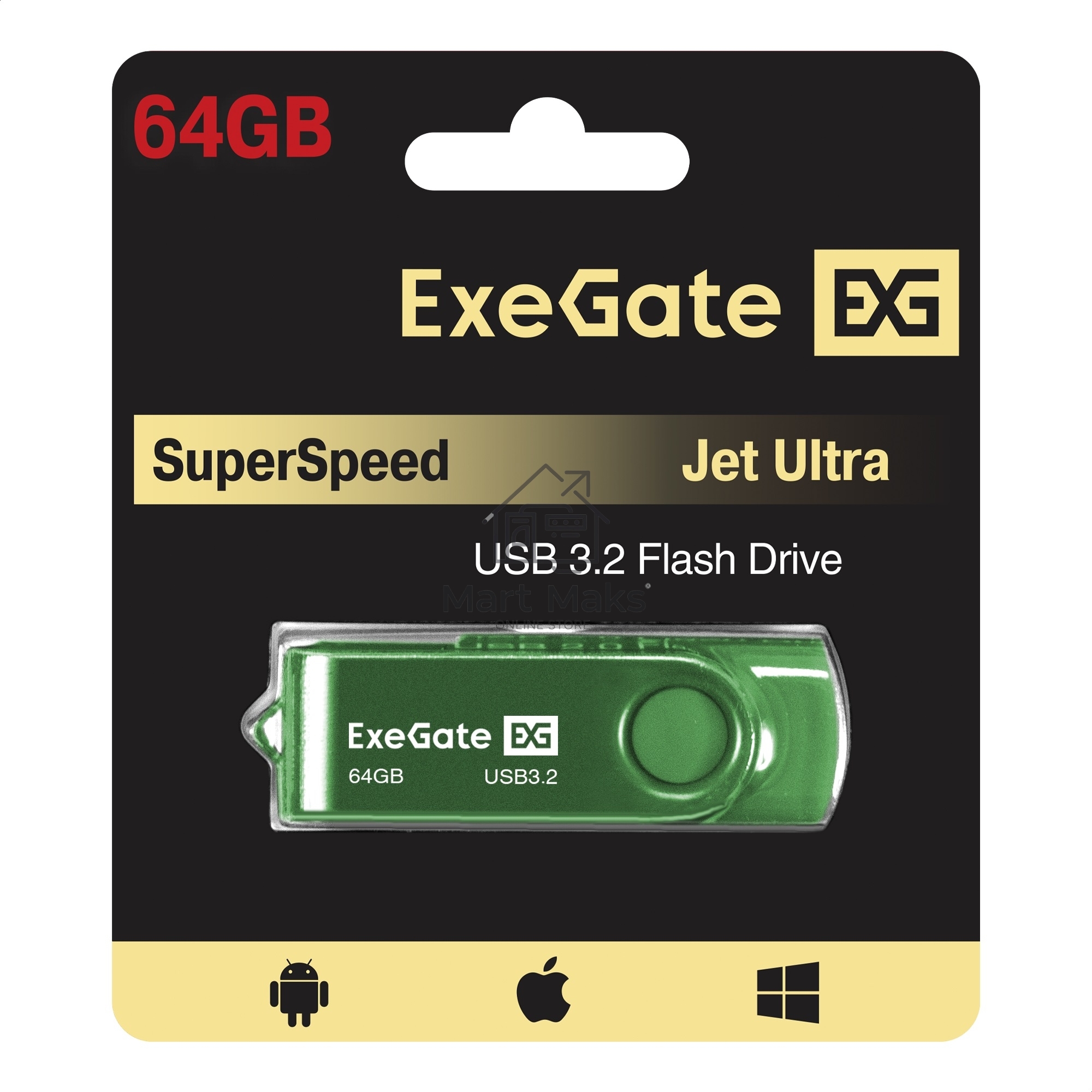 Exegate EX302061RUS USB-флеш накопитель ExeGate Jet Ultra 64GB зеленый (USB3.0/=USB3.1 Gen1/=USB3.2 Gen1 5Gbps, пластик/металл)