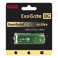 Exegate EX302061RUS USB-флеш накопитель ExeGate Jet Ultra 64GB зеленый (USB3.0/=USB3.1 Gen1/=USB3.2 Gen1 5Gbps, пластик/металл)