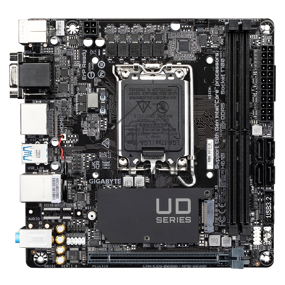 Материнская плата Gigabyte H610I, LGA 1700, Intel H610, 2xDDR5, 4xSATA, 1xM.2, 1xPCIe 4.0 x16, 1xHDMI, 1xVGA, 2xDP, 1x 1Gb LAN, 2xUSB-A 3.2 Gen 1, 4xUSB-A 2.0, 3x 3.5 мм, 7.1, Mini-ITX