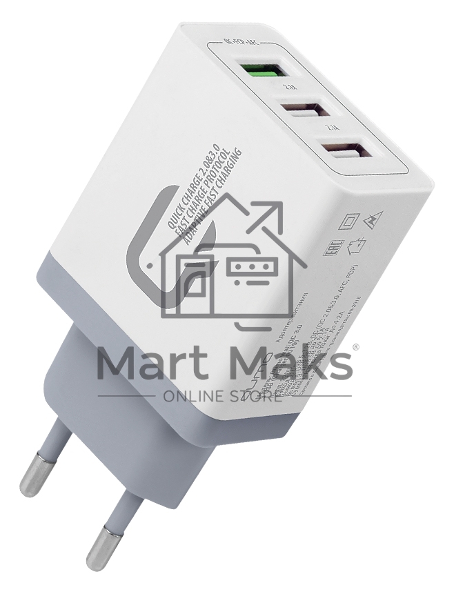 Сетевое зарядное устройство Qumo Quick Charge 3.0 3 USB (Charger 019), Quick charge 3.0, 3 USB, QC 3.0 + 2,1A, белый