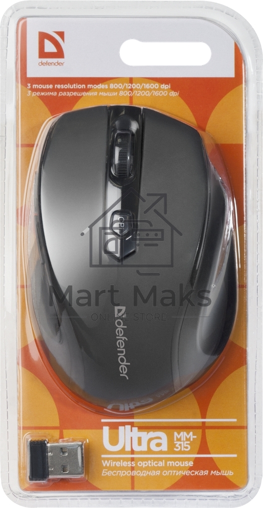 Мышь беспроводная Defender Ultra MM-315 черный, 1600 dpi, радиоканал, USB, кнопки - 6