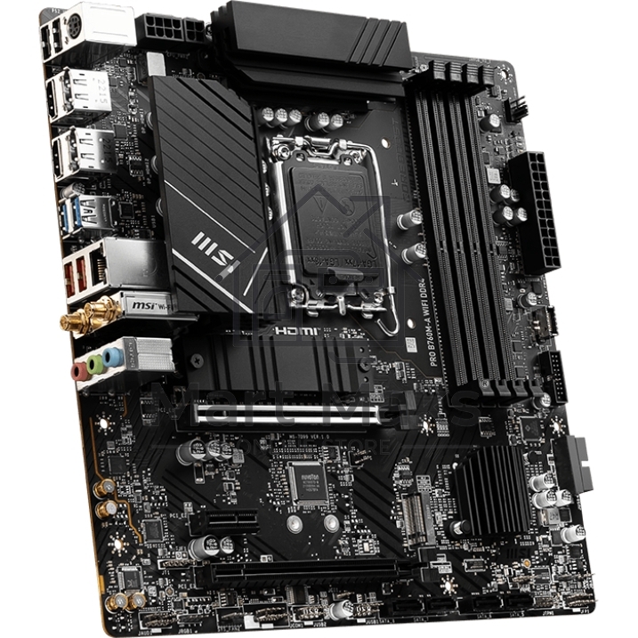 Материнская плата MSI PRO B760M-A WIFI DDR4, LGA 1700, Intel B760, 4xDDR4, 4xSATA, 2xM.2, 1xPCI-E 4.0 x16, 1xPCI-E 4.0 x4, 1xPCI-E x1, 2xHDMI, 2xDP, 1x 2.5Gb LAN, 2xUSB-A 2.0, 2xUSB-A 3.2 Gen 1, 2xUSB-A 3.2 Gen 2, 3x3.5 мм, 7.1, Micro-ATX