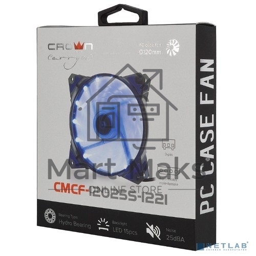 Вентилятор для корпуса Crown CMCF-12025S-1221 черный/синий, 120 мм, 1650 об/мин, 28 дБ, 3 pin