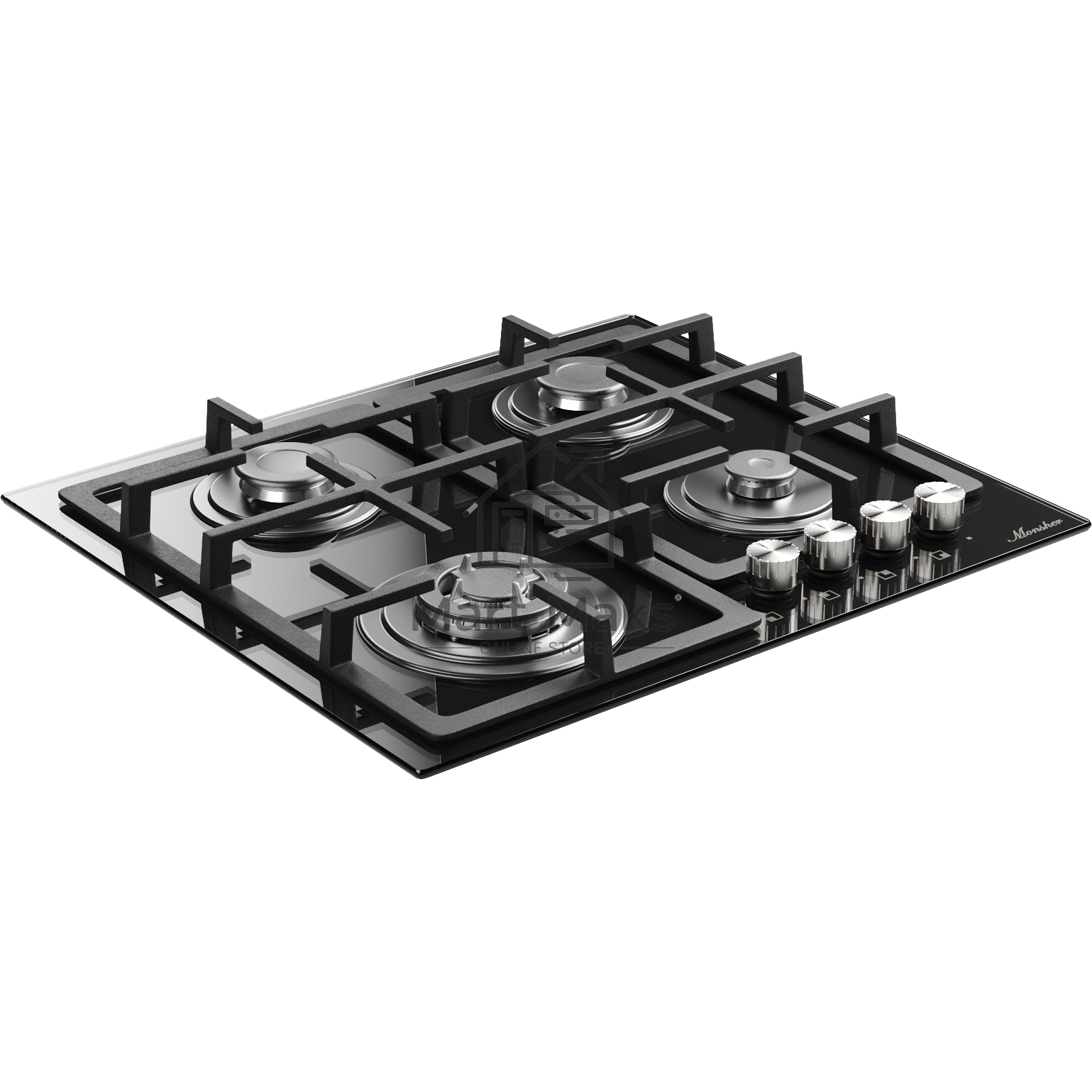 Варочная поверхность MONSHER MGG 61 Noir, High-Tech, газ, 60 см, газ-контроль, автоматический электроподжиг, чугунные решетки, форсунки под сжиженый газ, поворотные переключатели, черный