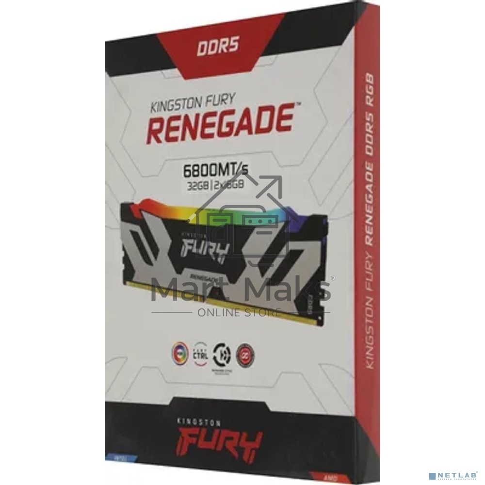 Оперативная память Kingston Fury Renegade, DDR5, 32GB (2x16GB), 6800MHz, CL36, DIMM, с радиатором, RGB, серебристый