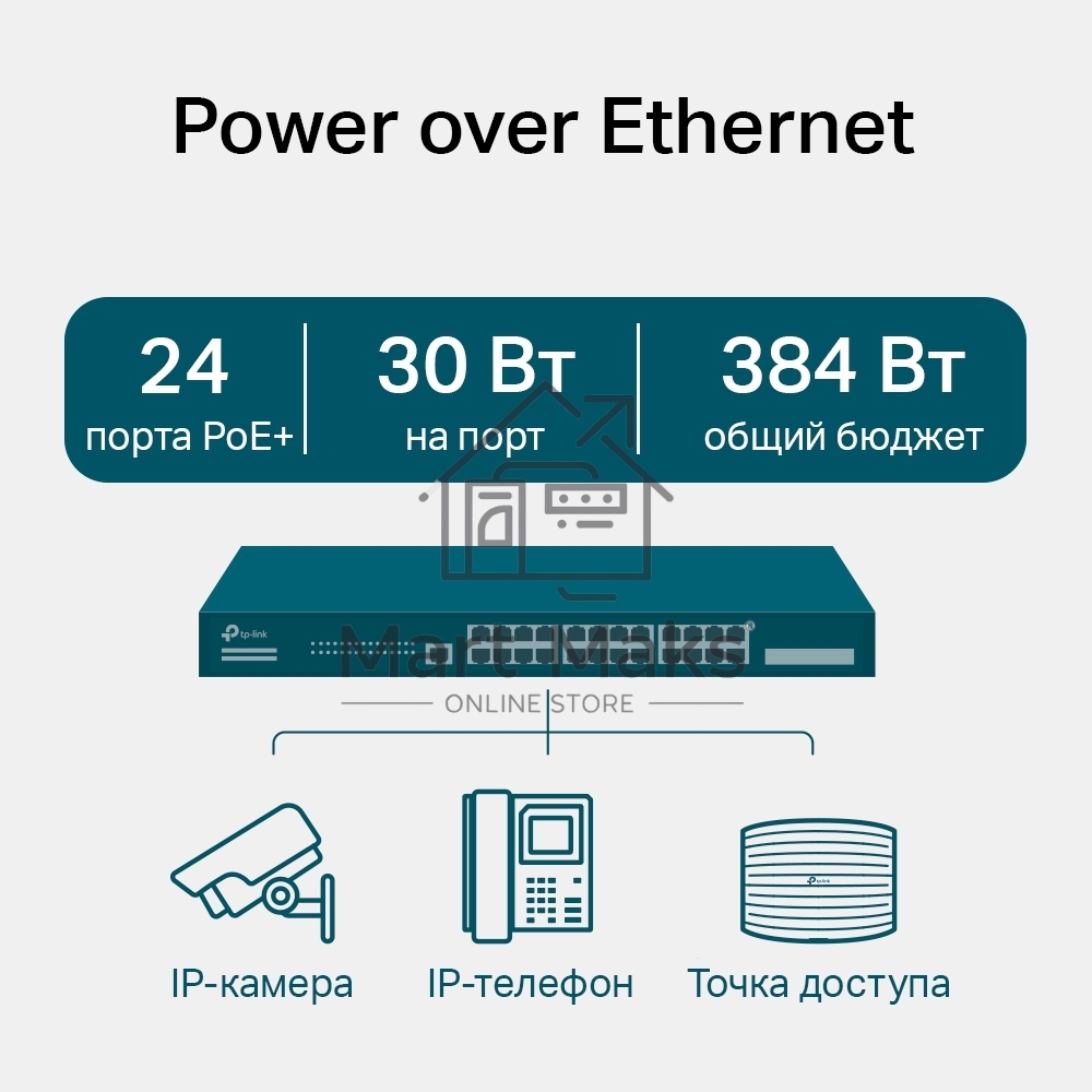 Коммутатор JetStream 28-port Gigabit L2+ Managed Switch with 24-port PoE+, PoE budget up to 384W, support SDN