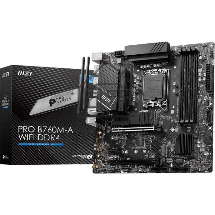 Материнская плата MSI PRO B760M-A WIFI DDR4, LGA 1700, Intel B760, 4xDDR4, 4xSATA, 2xM.2, 1xPCI-E 4.0 x16, 1xPCI-E 4.0 x4, 1xPCI-E x1, 2xHDMI, 2xDP, 1x 2.5Gb LAN, 2xUSB-A 2.0, 2xUSB-A 3.2 Gen 1, 2xUSB-A 3.2 Gen 2, 3x3.5 мм, 7.1, Micro-ATX