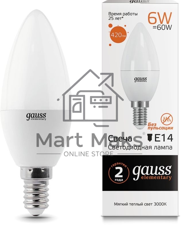 Лампа GAUSS LED Elementary Candle 6W E14 2700K Арт. LD 33116