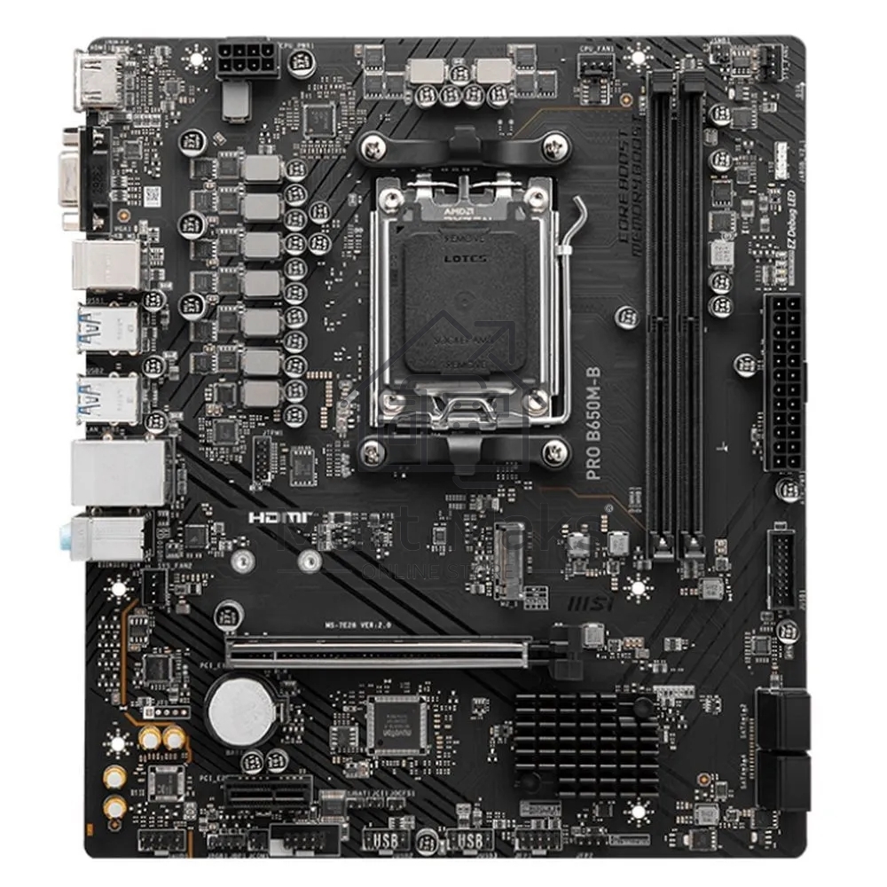 Материнская плата MSI PRO B650M-B, AM5, AMD B650, 2xDDR5, 4xSATA, 1xM.2, 1xPCI-E 4.0 x16, 1xPCI-E 4.0 x1, 1xHDMI, 1xVGA, 1x2.5Gb LAN, 2xUSB 2.0, 4xUSB 3.2 Gen 1, 3x3.5 мм, 7.1, Micro-ATX