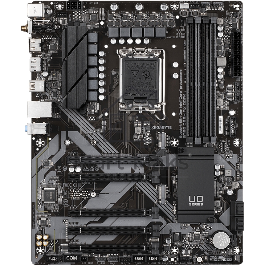 Материнская плата Gigabyte B760 DS3H AX DDR4, LGA 1700, Intel B760, 4xDDR4, 4xSATA, 2xM.2, 1xPCIe 4.0 x16, 4xPCIe 3.0 x1, 1xHDMI, 1xDP, 1x 1Gb LAN, 4xUSB-A 2.0, 1xUSB-A 3.2 Gen 2, 1xUSB-C 3.2 Gen 2, 3x3.5 мм, 7.1, ATX.