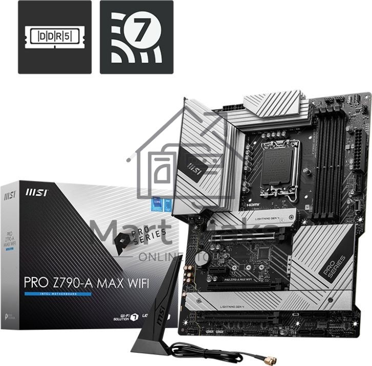 Материнская плата MSI PRO Z790-A MAX WIFI, LGA 1700, Intel Z790, 4xDDR5, 6xSATA, 4xM.2, 1xPCI-E 5.0 x16, 1xPCI-E 4.0 x16, 1xPCI-E 3.0 x16, 1xPCI-E x1, 1xHDMI, 1xDP, 1x2.5Gb LAN, 2xUSB-A 2.0, 2xUSB-A 3.2 Gen 1, 3xUSB-A 3.2 Gen 2, 1xUSB-C 3.2 Gen 2x2, 5x3.5