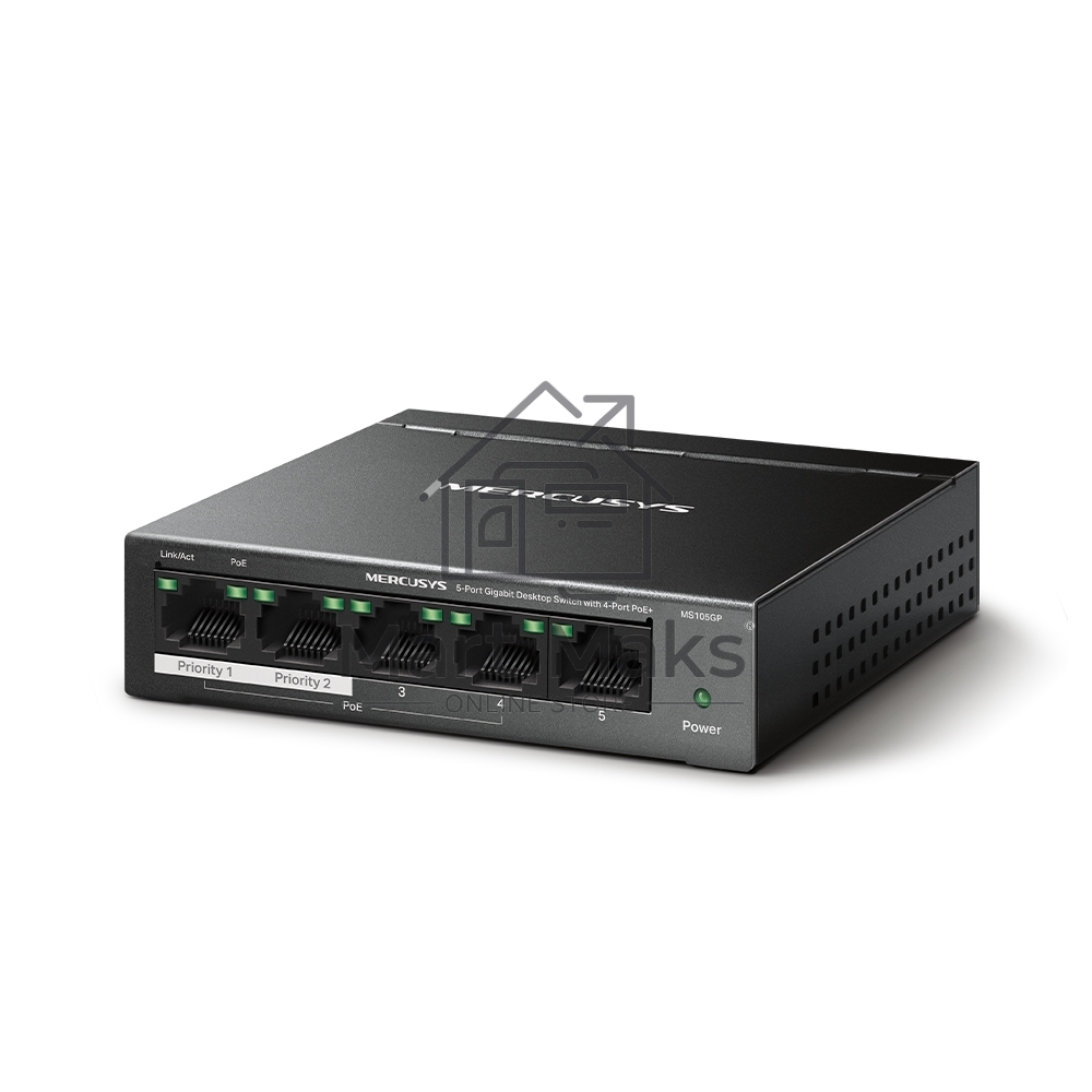 Настольный коммутатор Mercusys MS105GP с 5 гигабитными портами (4 порта PoE+)