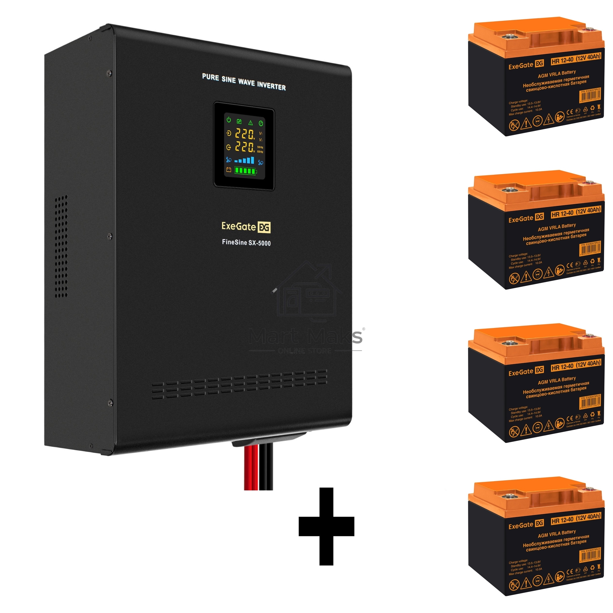 Комплект Источник бесперебойного питания EX296004RUS + батарея 40Aч EX282979RUS 4шт (инвертор, синус, для котла, настенный) ExeGate FineSine SX-5000.LCD.AVR.2SH.T <5000VA/3500W, чистая синусоида, цветной LCD-дисплей, AVR, 2*Schuko+клеммы, линейно-интеракт