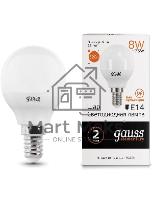Лампа светодиодная LED Gauss 8Вт E14 220В 2700К Elementary шар 53118