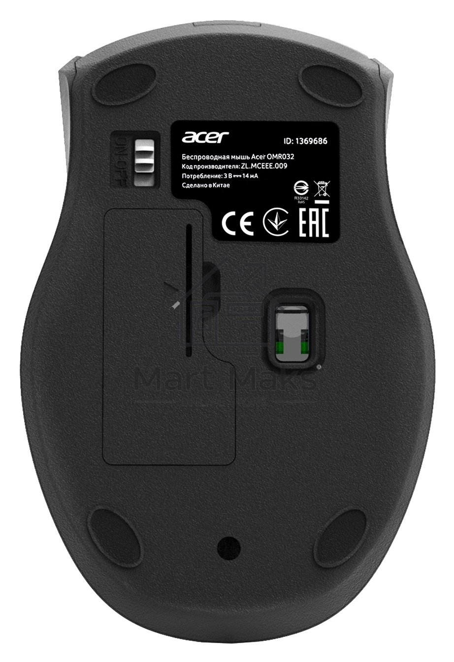 Мышь беспроводная Acer OMR032 черный/красный, 1600 dpi, радиоканал, USB, кнопки - 4