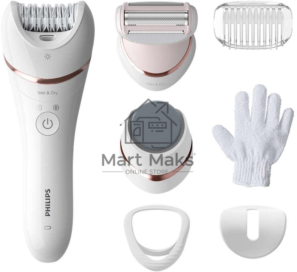 Эпилятор Philips 2 скорости, широкая головка, Wet&Dry, беспроводной, opti light, 6 аксессуаров