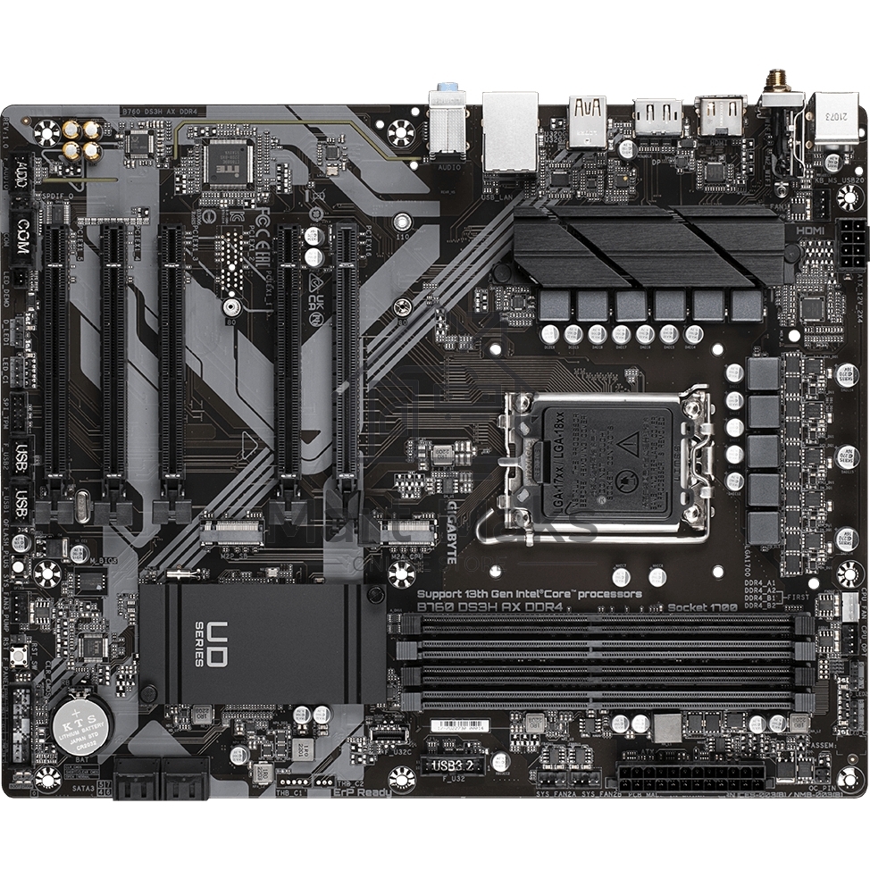 Материнская плата Gigabyte B760 DS3H AX DDR4, LGA 1700, Intel B760, 4xDDR4, 4xSATA, 2xM.2, 1xPCIe 4.0 x16, 4xPCIe 3.0 x1, 1xHDMI, 1xDP, 1x 1Gb LAN, 4xUSB-A 2.0, 1xUSB-A 3.2 Gen 2, 1xUSB-C 3.2 Gen 2, 3x3.5 мм, 7.1, ATX.