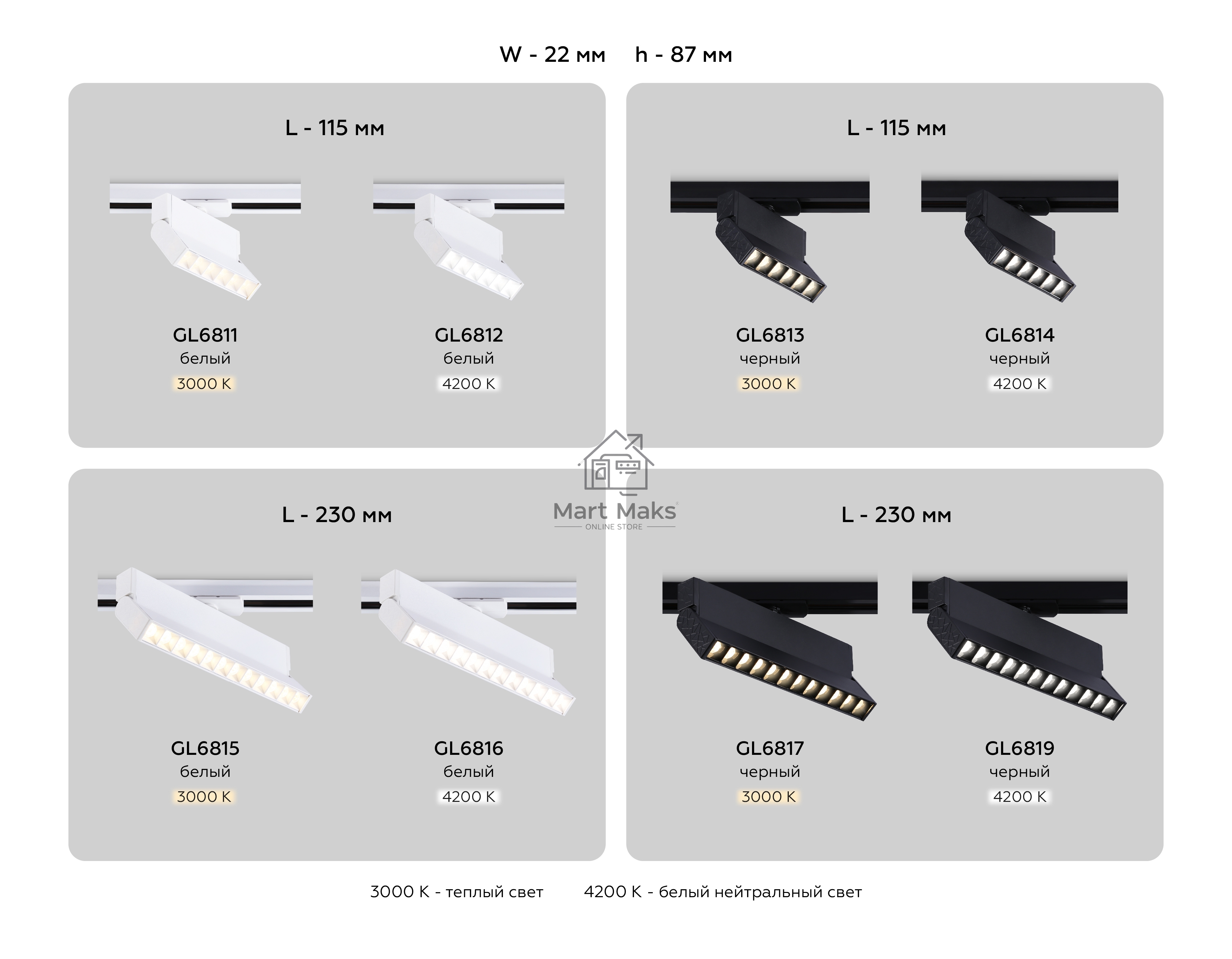 Трековый однофазный светодиодный светильник Ambrella light GL6814 BK черный LED 6W 4200K 24° 115*22*87