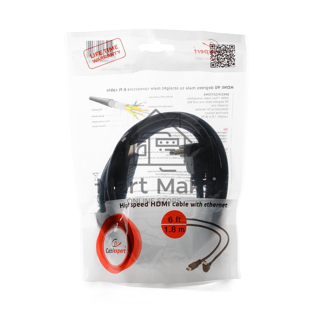 Кабель Cablexpert HDMI CC-HDMI490-6, 19M/19M, v2.0, медь, позол.разъемы, экран, угловой, 1.8м, черный, пакет