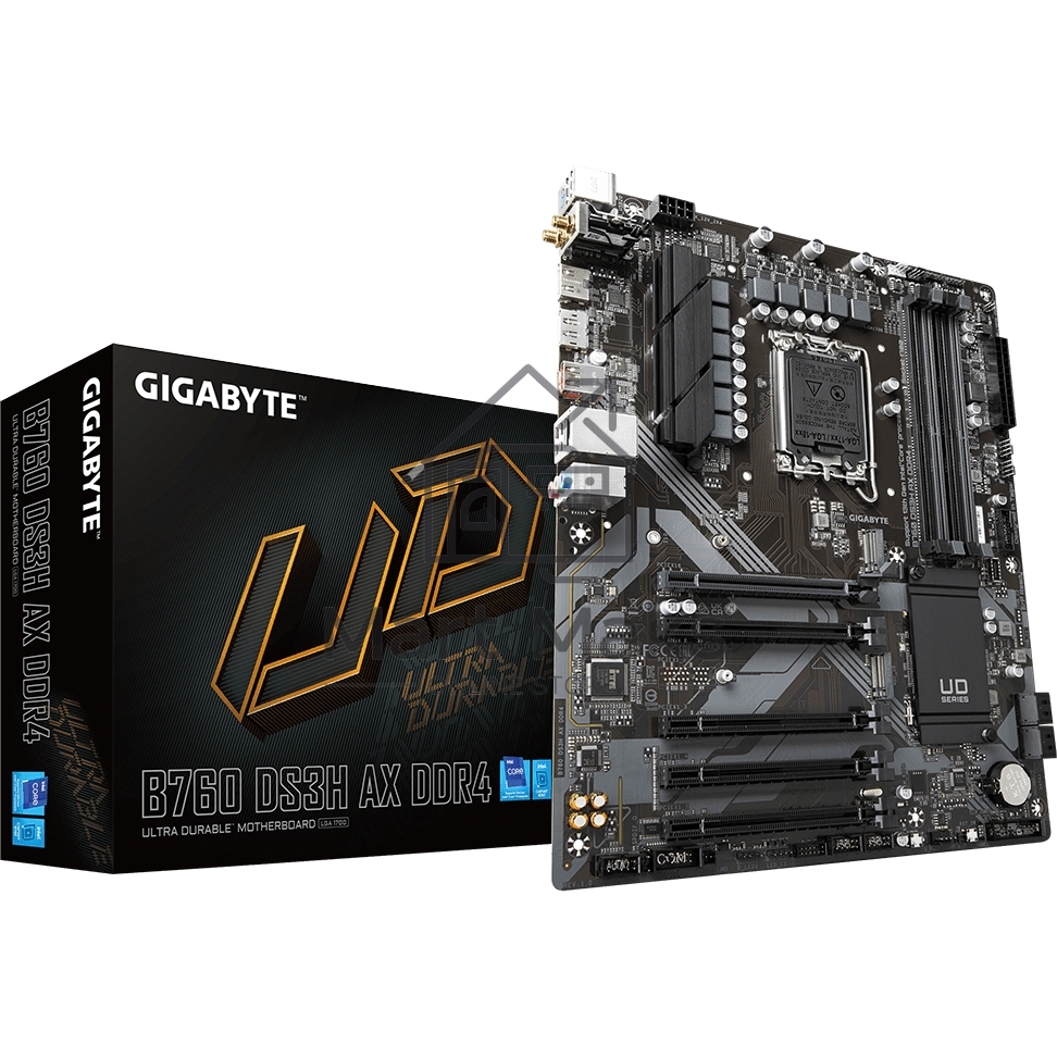 Материнская плата Gigabyte B760 DS3H AX DDR4, LGA 1700, Intel B760, 4xDDR4, 4xSATA, 2xM.2, 1xPCIe 4.0 x16, 4xPCIe 3.0 x1, 1xHDMI, 1xDP, 1x 1Gb LAN, 4xUSB-A 2.0, 1xUSB-A 3.2 Gen 2, 1xUSB-C 3.2 Gen 2, 3x3.5 мм, 7.1, ATX.