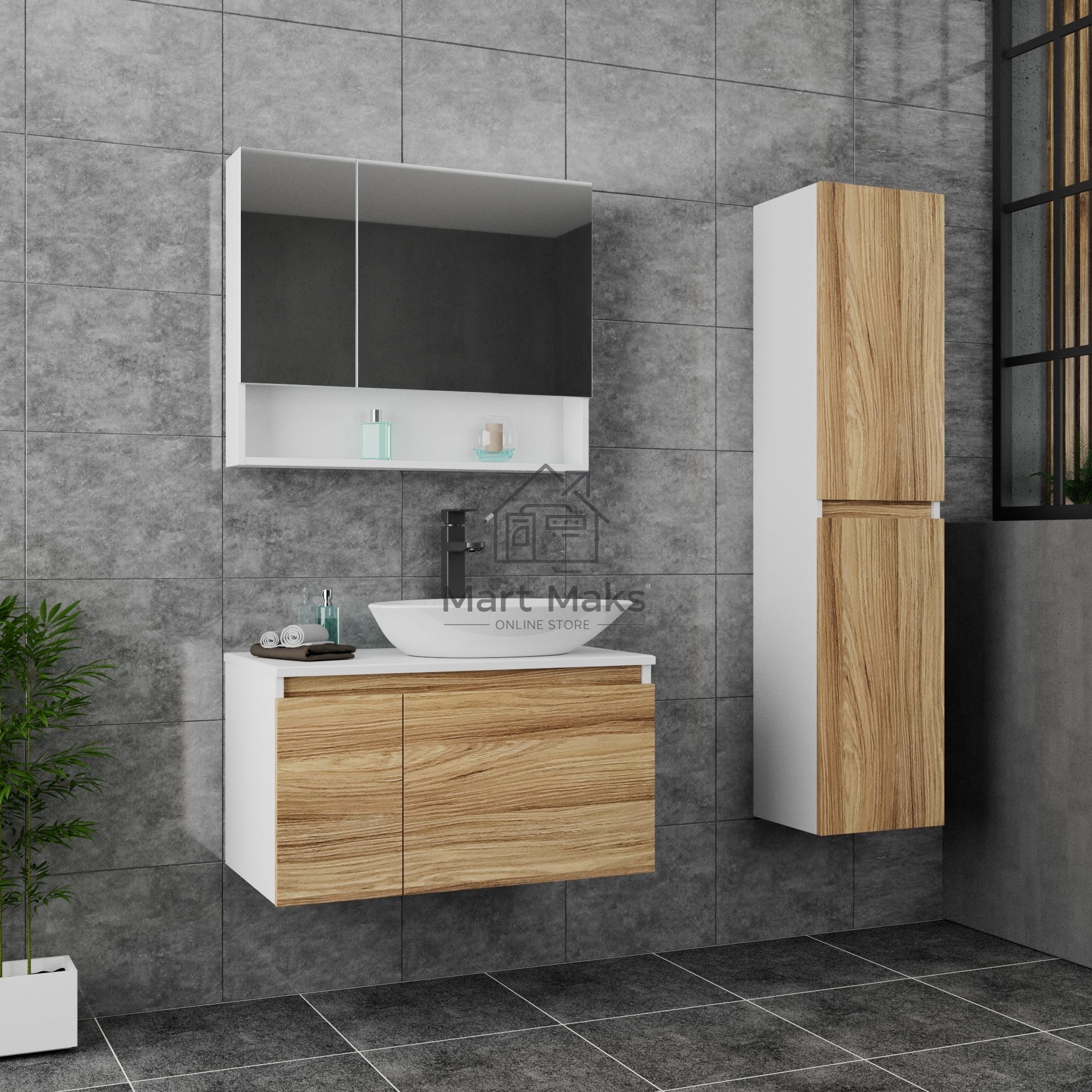 Комплект для ванной, 3 предмета (Тумба Bau Dream Blackwood 80, раковина BAU Triangle 59х39, смеситель для раковины высокий Hotel Black, черный)