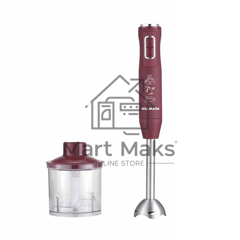 Блендер погружной Willmark WHB-1250PS (500Вт,рег.скор,турбо режим,Soft touch, измельчитель,бордовый)