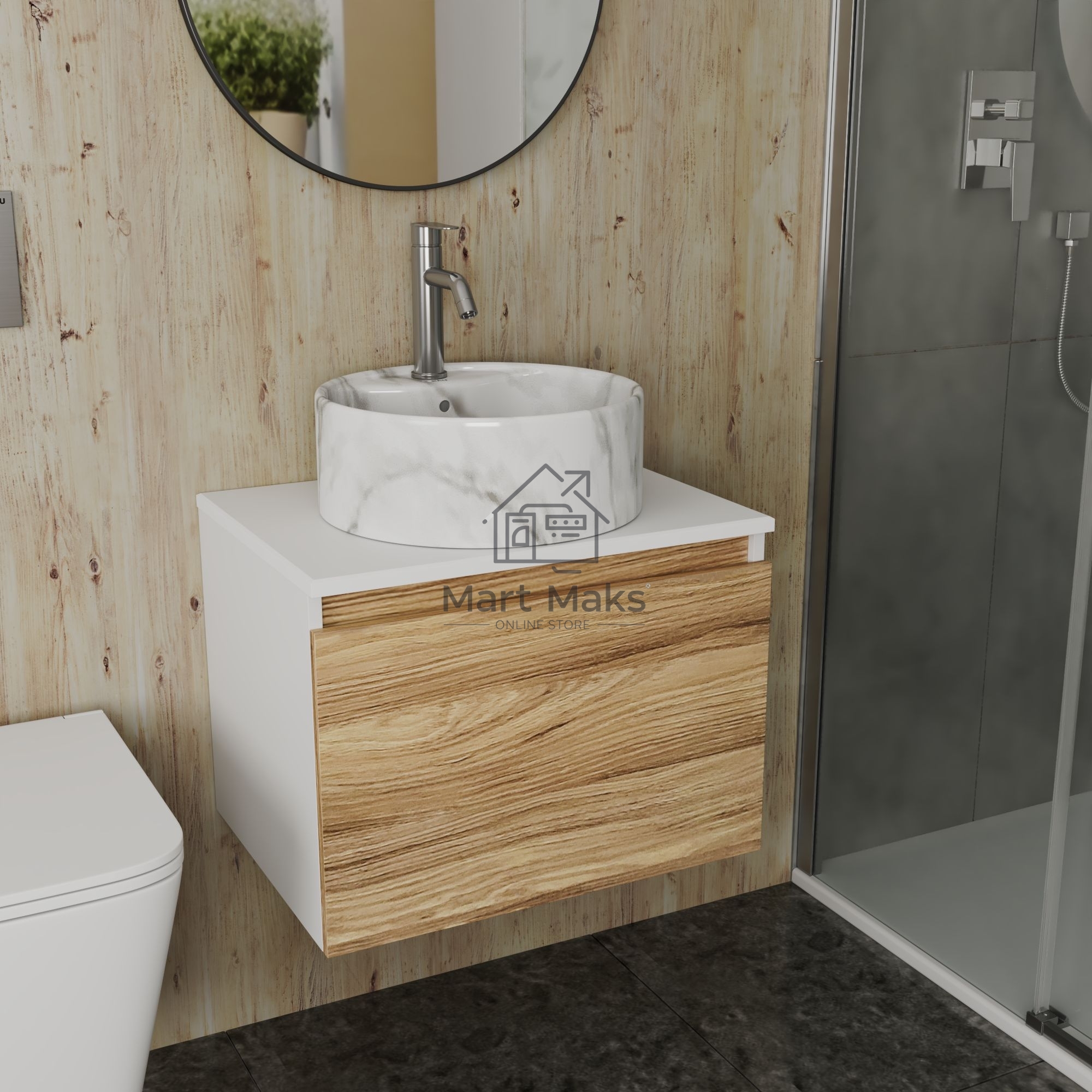 Комплект: тумба Bau Dream Blackwood 60, 1 ящик, Раковина круглая накладная BAU Element D41, мрамор, смеситель Hotel Dream, нерж сталь
