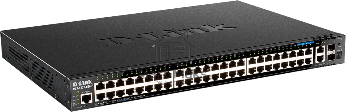 Управляемый L3 стекируемый коммутатор D-Link DGS-1520-52MP/A1A с 44 портами 10/100/1000Base-T, 4 портами 100/1000/2.5GBase-T, 2 портами 10GBase-T и 2 портами 10GBase-X SFP+