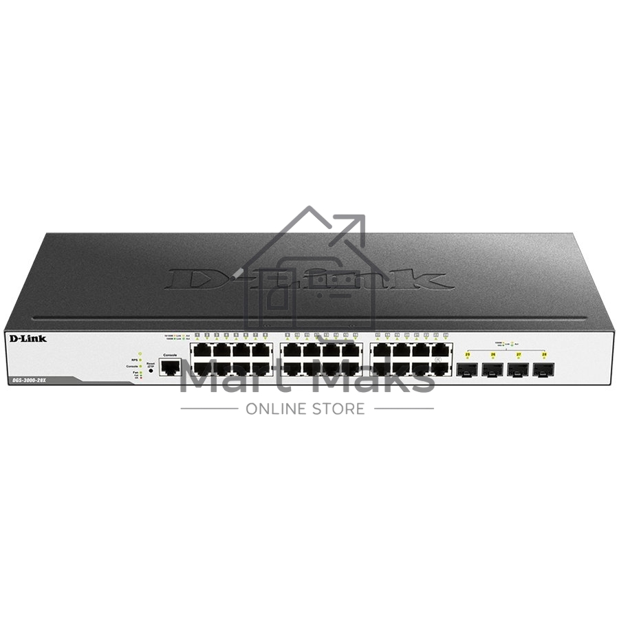 Коммутатор D-Link DGS-3000-28X/B, L2 Managed Switch with 24 10/100/1000Base-T ports and 4 10GBase-X SFP+ ports.16K Mac address, 802.3x Flow Control, 4K of 802.1Q VLAN, VLAN Trunking, 802.1p Priority Queues, Tra