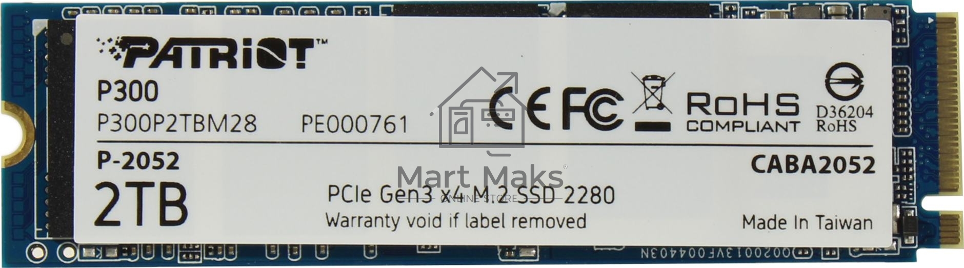 Накопитель SSD Patriot P300, 2TB, PCIe 3.0 x4, M.2 2280, NVMe, R/W 2100/1650