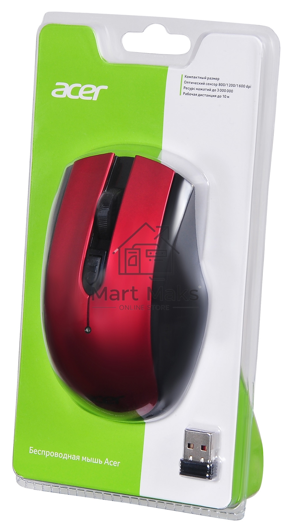 Мышь беспроводная Acer OMR032 черный/красный, 1600 dpi, радиоканал, USB, кнопки - 4