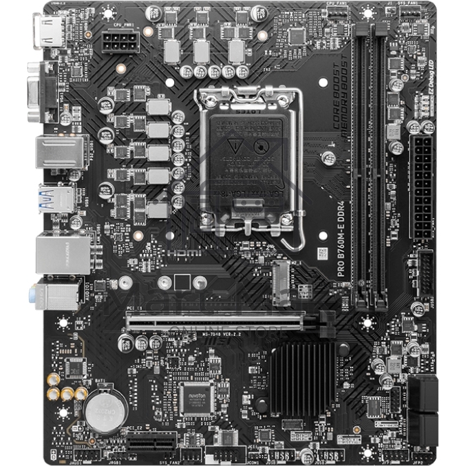 Материнская плата MSI PRO B760M-E DDR4, LGA 1700, Intel B760, 2xDDR4, 4xSATA, 1xM.2, 1xPCIe 4.0 x16, 1xPCIe 4.0 x1, 1xHDMI, 1xVGA, 1x1Gb LAN, 2xUSB-A 3.2 Gen 1, 4xUSB-A 2.0, 3x3.5 мм, 7.1, mATX