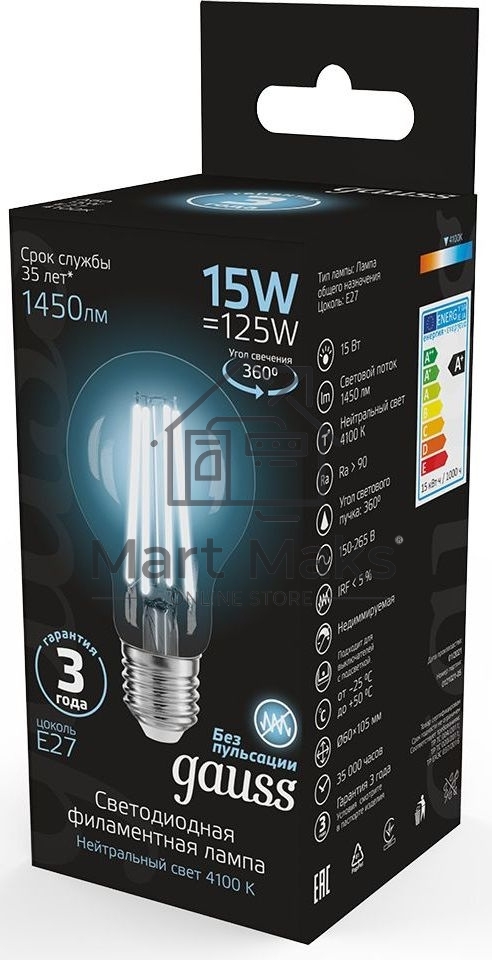 Лампа Gauss Filament А60 15W 1450lm 4100К Е27 LED 1/10/40