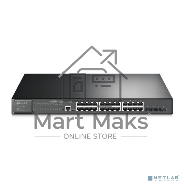 Коммутатор TP-Link 24-port Gigabit Managed PoE switch with 4 10G SFP+ ports, support 802.3af/at PoE, 1 console port, 19-inch rack mount, support L2/L2+ features.