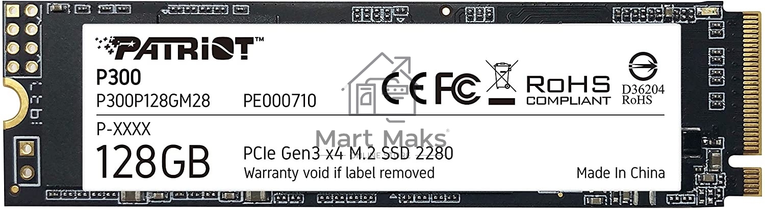 Накопитель SSD Patriot P300, 128GB, PCIe 3.0 x4, M.2 2280, NVMe, R/W 1600/600