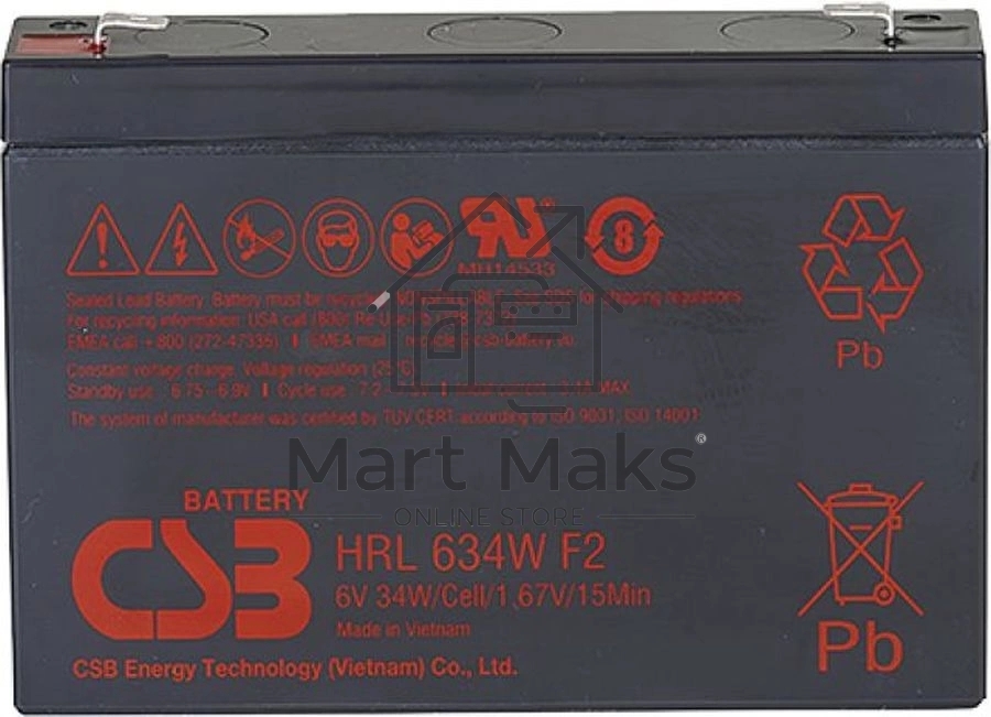 Аккумулятор 6V 9Ah CSB HRL634W (HRL634WF2FR) клеммы F2, огнеупорные