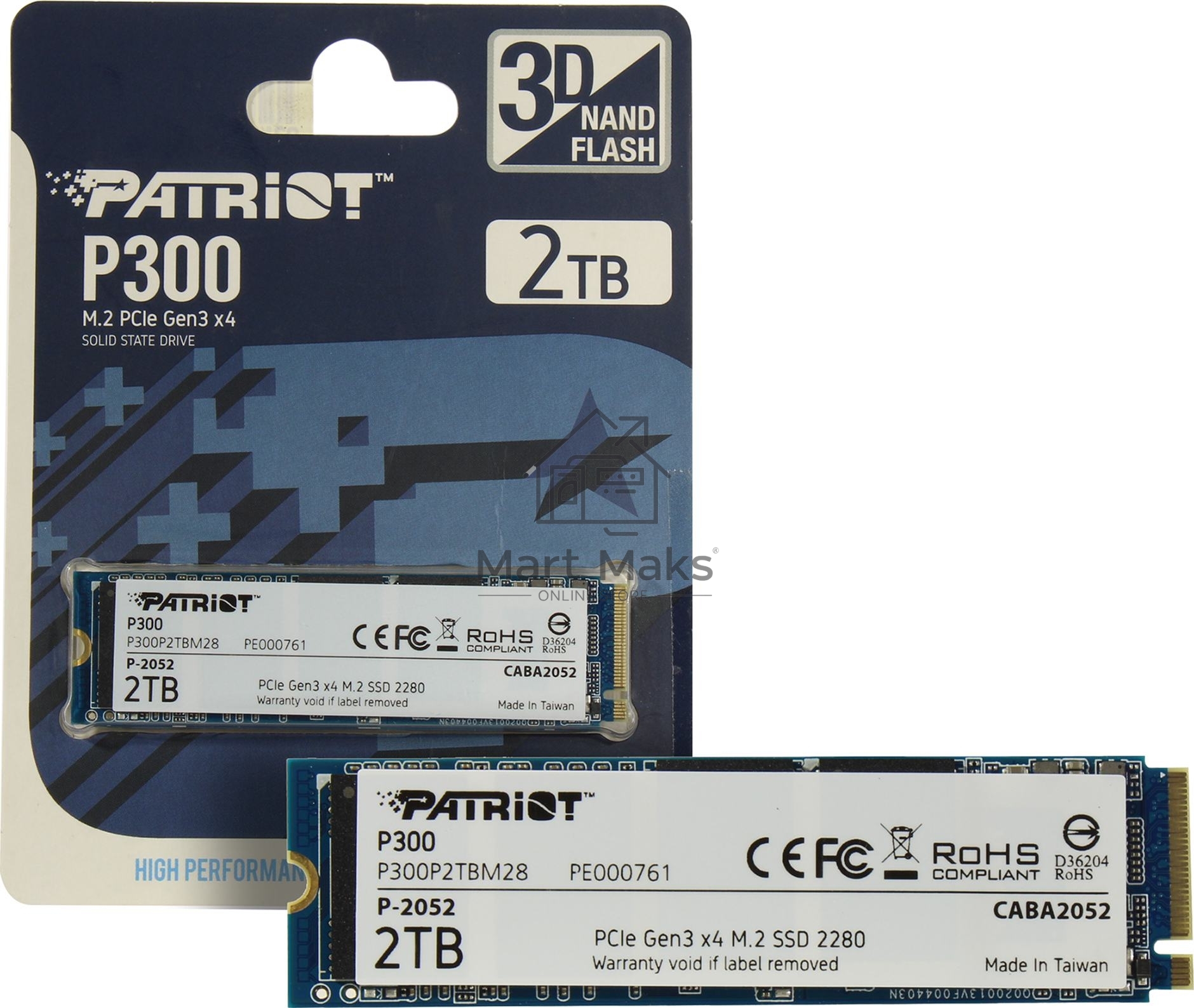 Накопитель SSD Patriot P300, 2TB, PCIe 3.0 x4, M.2 2280, NVMe, R/W 2100/1650