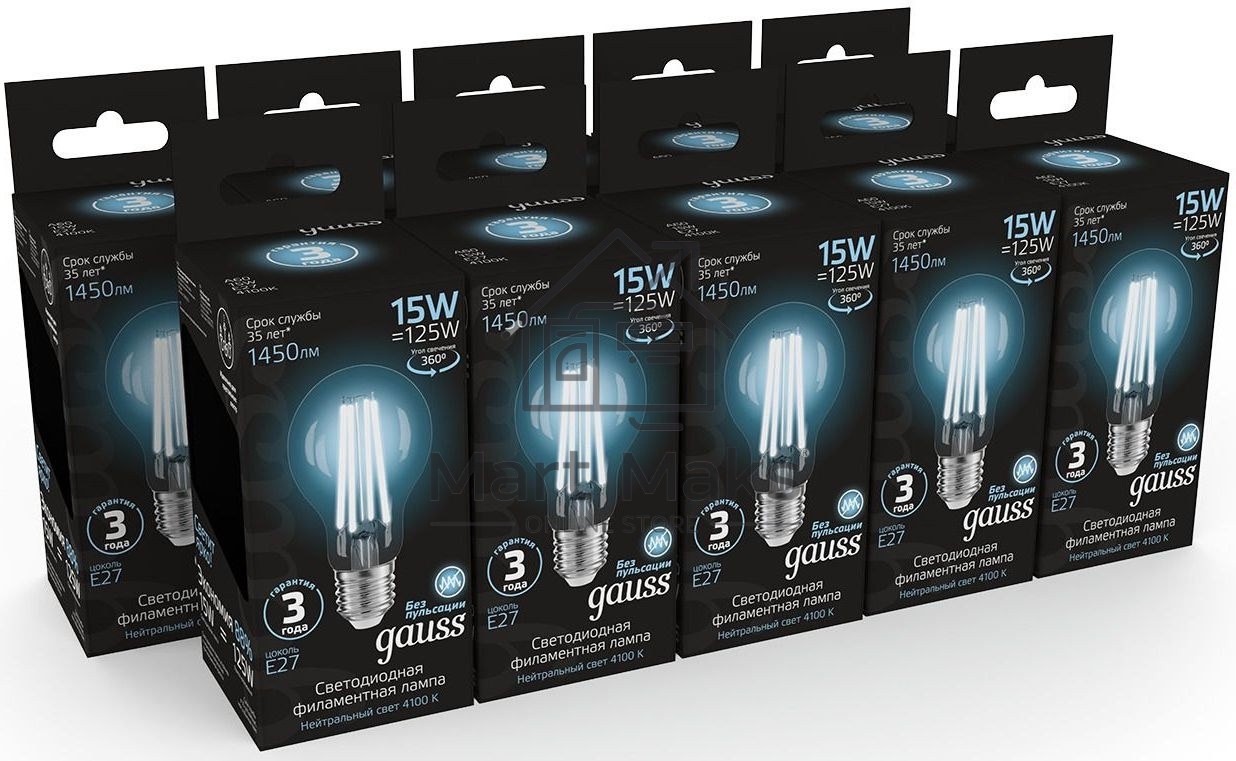 Лампа Gauss Filament А60 15W 1450lm 4100К Е27 LED 1/10/40