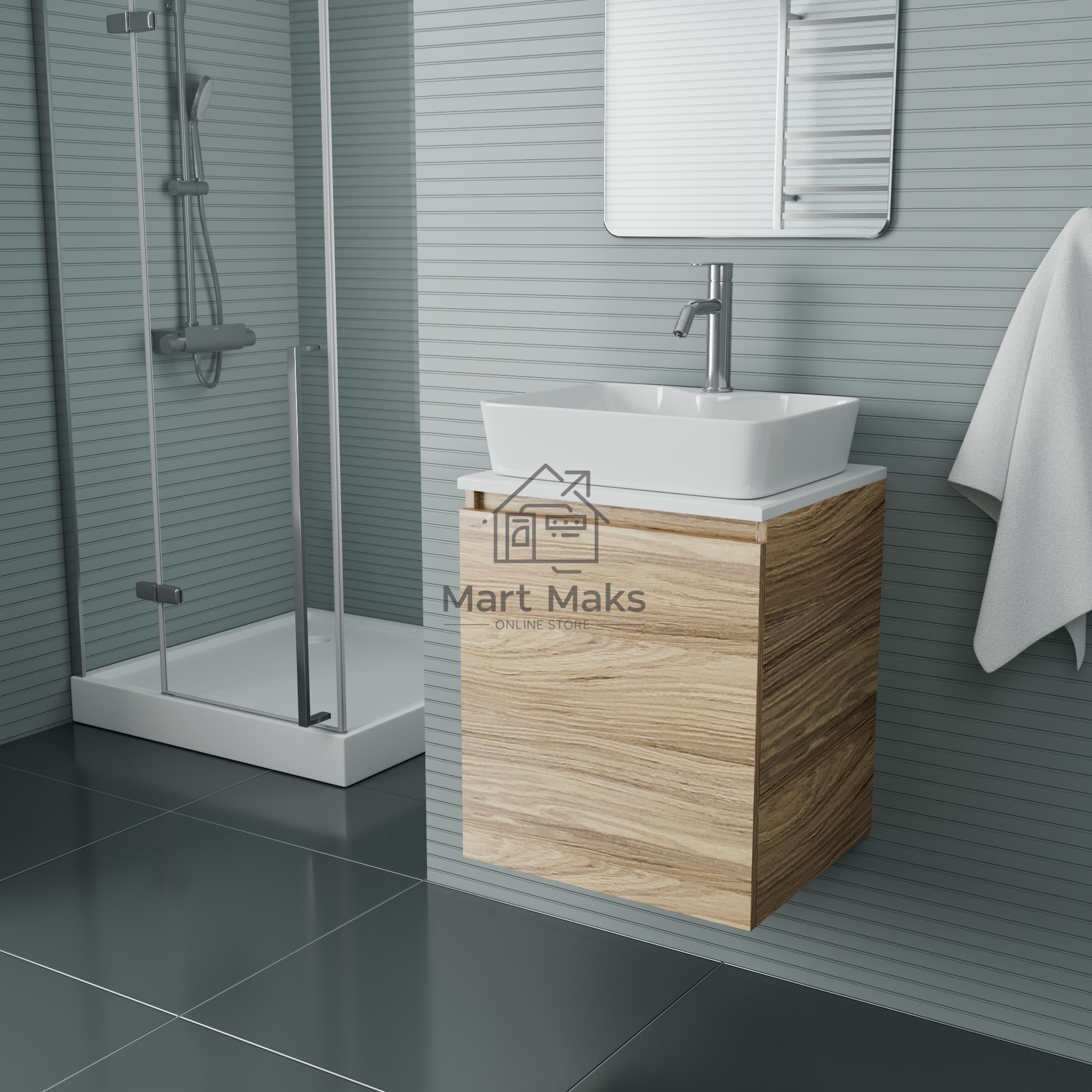 Тумба Bau Dream Blackwood 50 с дверцей, раковина BAU Cerama 48х37 белая, смеситель Hotel Dream, нерж. сталь