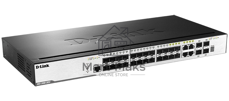 Управляемый стекируемый коммутатор D-Link DGS-3000-28SC/A1A 2 уровня с 20 портами 100/1000Base-X SFP, 4 комбо-портами 10/100/1000Base-T/SFP и 4 портами 10GBase-X SFP+