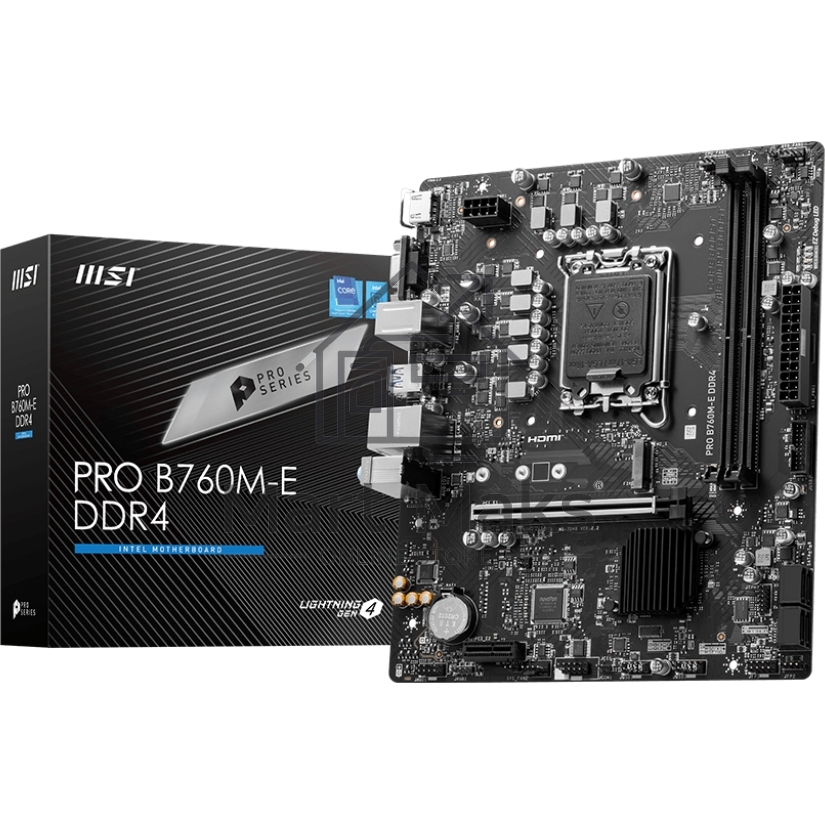 Материнская плата MSI PRO B760M-E DDR4, LGA 1700, Intel B760, 2xDDR4, 4xSATA, 1xM.2, 1xPCIe 4.0 x16, 1xPCIe 4.0 x1, 1xHDMI, 1xVGA, 1x1Gb LAN, 2xUSB-A 3.2 Gen 1, 4xUSB-A 2.0, 3x3.5 мм, 7.1, mATX