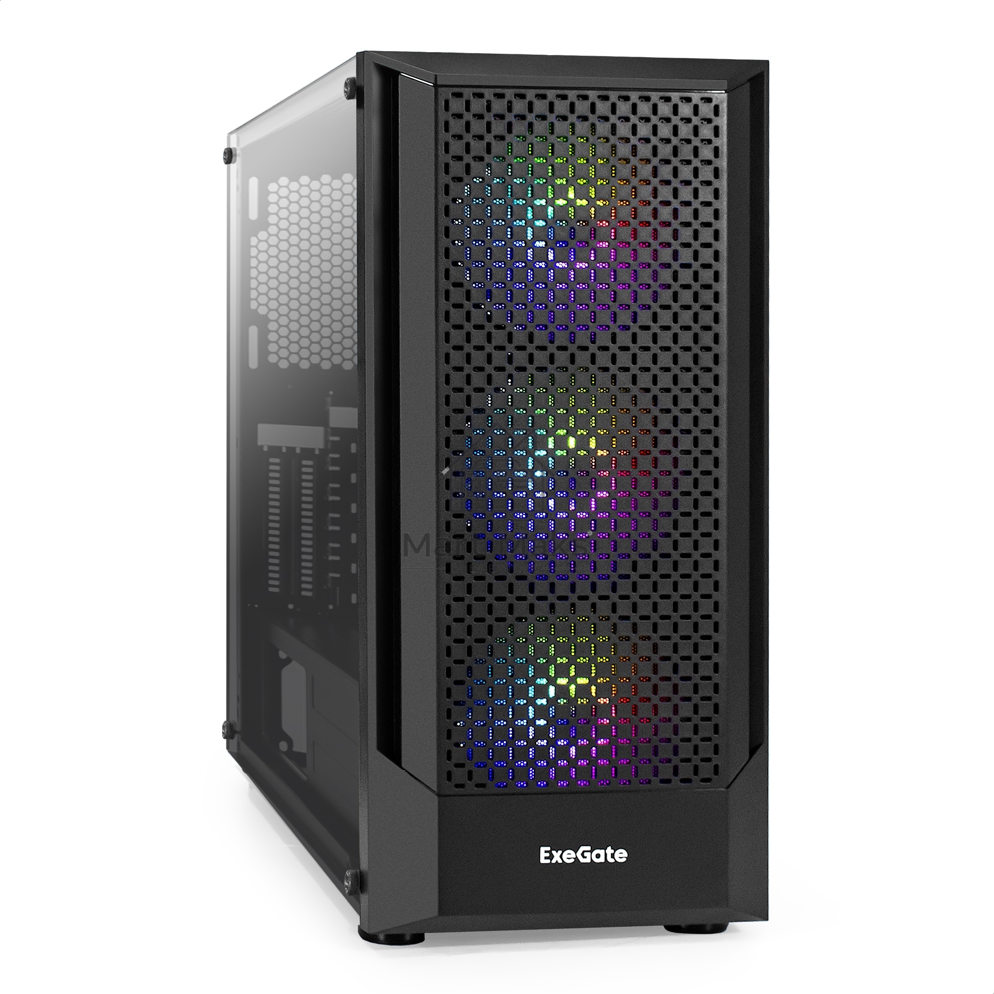 Компьютерный корпус Miditower ExeGate EVO-8227 (ATX, без БП, 2*USB+1*USB3.0+HD Audio, черный, 3 вент. с RGB подсветкой, боковая панель - закаленное стекло)