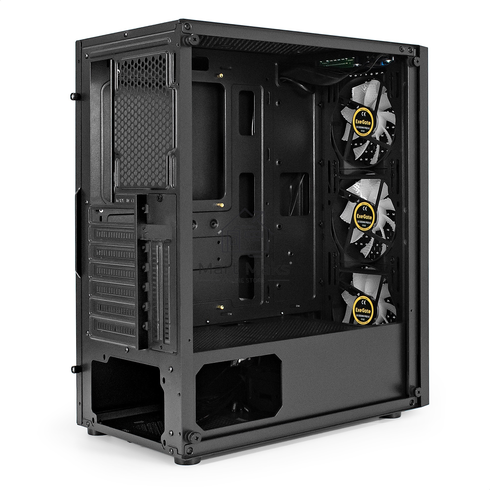 Компьютерный корпус Miditower ExeGate EVO-8227 (ATX, без БП, 2*USB+1*USB3.0+HD Audio, черный, 3 вент. с RGB подсветкой, боковая панель - закаленное стекло)