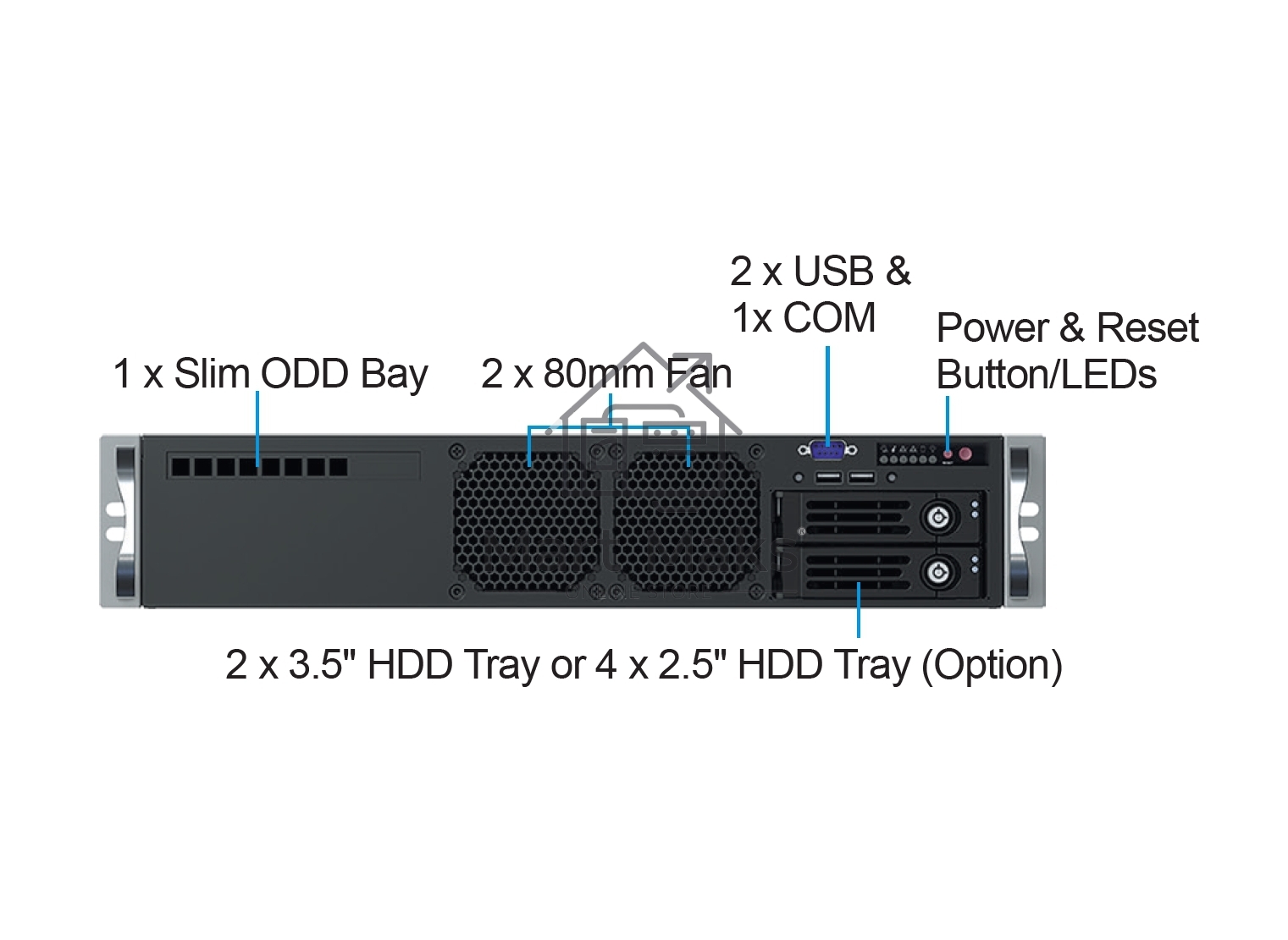 Серверный корпус Ablecom 2U chassis; ATX, Micro-ATX, Mini-ITX MBs; 2 x 3.5''hs + 2 x 3.5'' internal + 1 x 2.5'' internal; flex ATX 500W; no rails