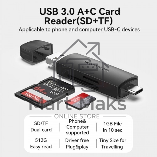 Картридер Vention USB 3.0 A+C (SD+TF) черный