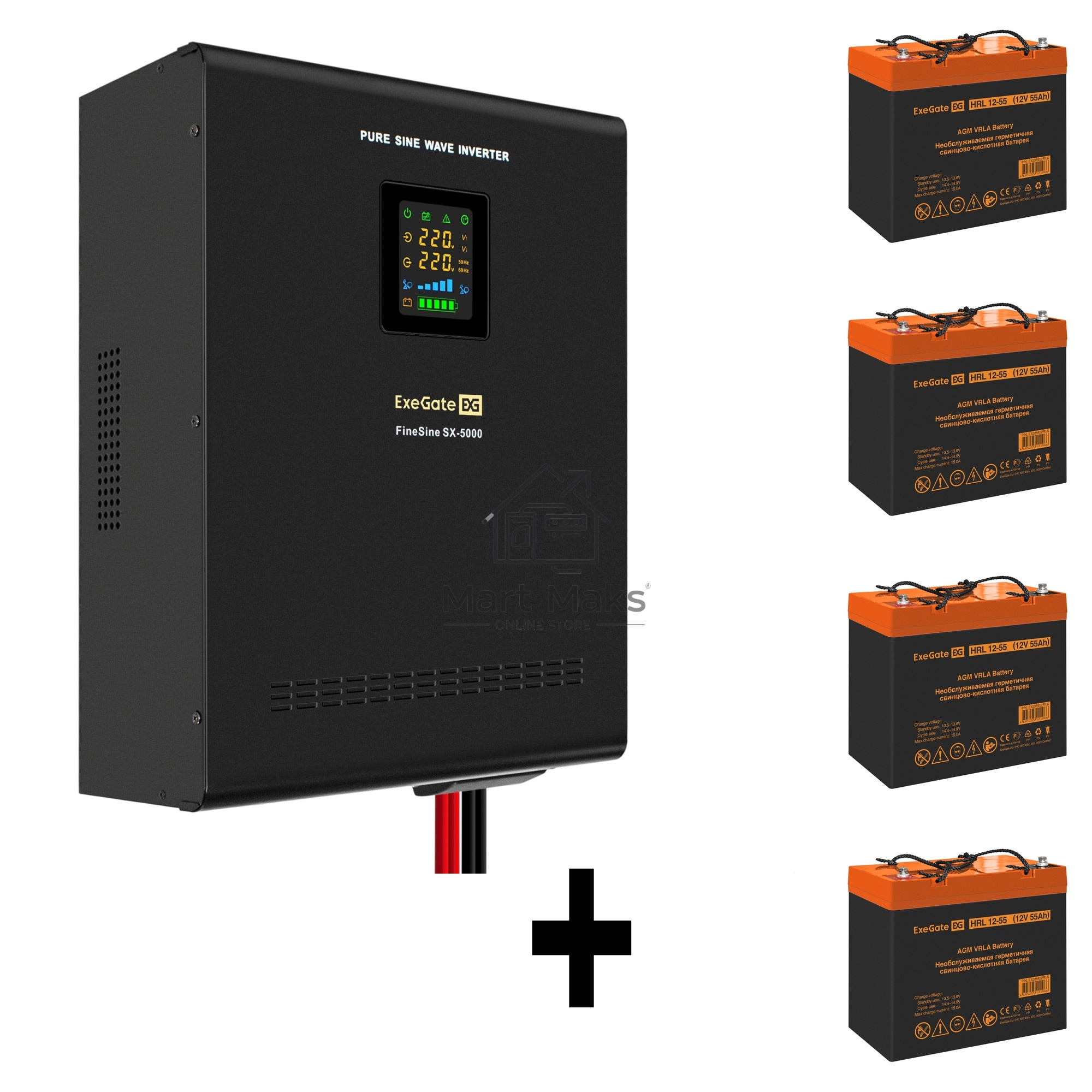 Комплект ИБП EX296004RUS + батарея 55Aч EX285652RUS 4шт (инвертор, синус, для котла, настенный) ExeGate FineSine SX-5000.LCD.AVR.2SH.T <5000VA/3500W, чистая синусоида, цветной LCD-дисплей, AVR, 2*Schuko+клеммы, линейно-интерактивный, крепление настенное, 