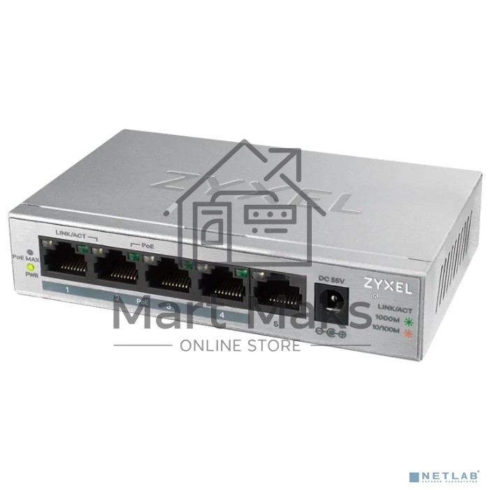 Коммутатор Zyxel GS1005HP Switch PoE +, 5xGE (4xPoE +), desktop, metal, silent, PoE budget 60 W