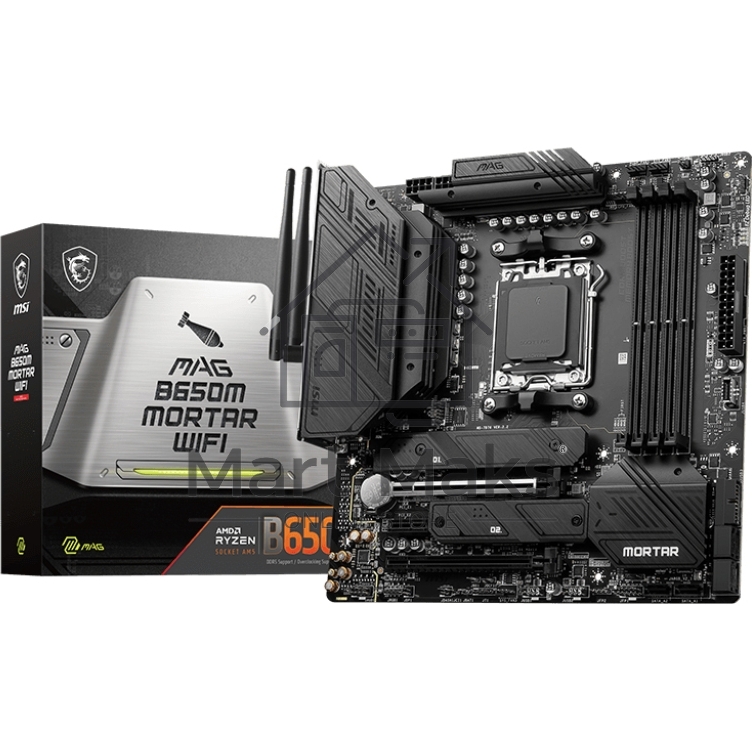 Материнская плата MSI MAG B650M MORTAR WIFI, AM5, AMD B650, 4xDDR5, 6xSATA, 2xM.2, 1xPCI-E 4.0 x16, 1xPCI-E 4.0 x4, 1xHDMI, 1xDP, 1x2.5Gb LAN, 3xUSB 3.2 Gen 2, 4xUSB 3.2 Gen 1, 1xUSB-C 3.2 Gen 2x2, 5x3.5мм аудио, 7.1, Micro-ATX