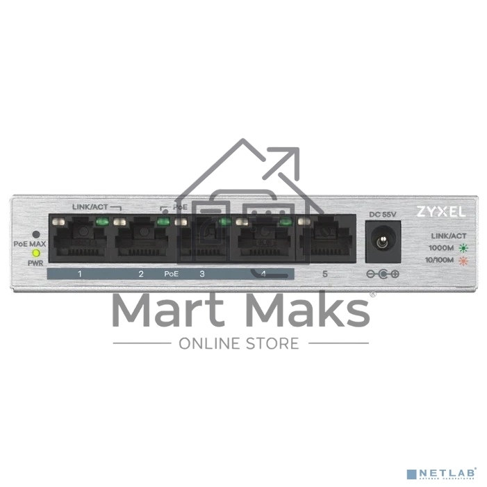 Коммутатор Zyxel GS1005HP Switch PoE +, 5xGE (4xPoE +), desktop, metal, silent, PoE budget 60 W