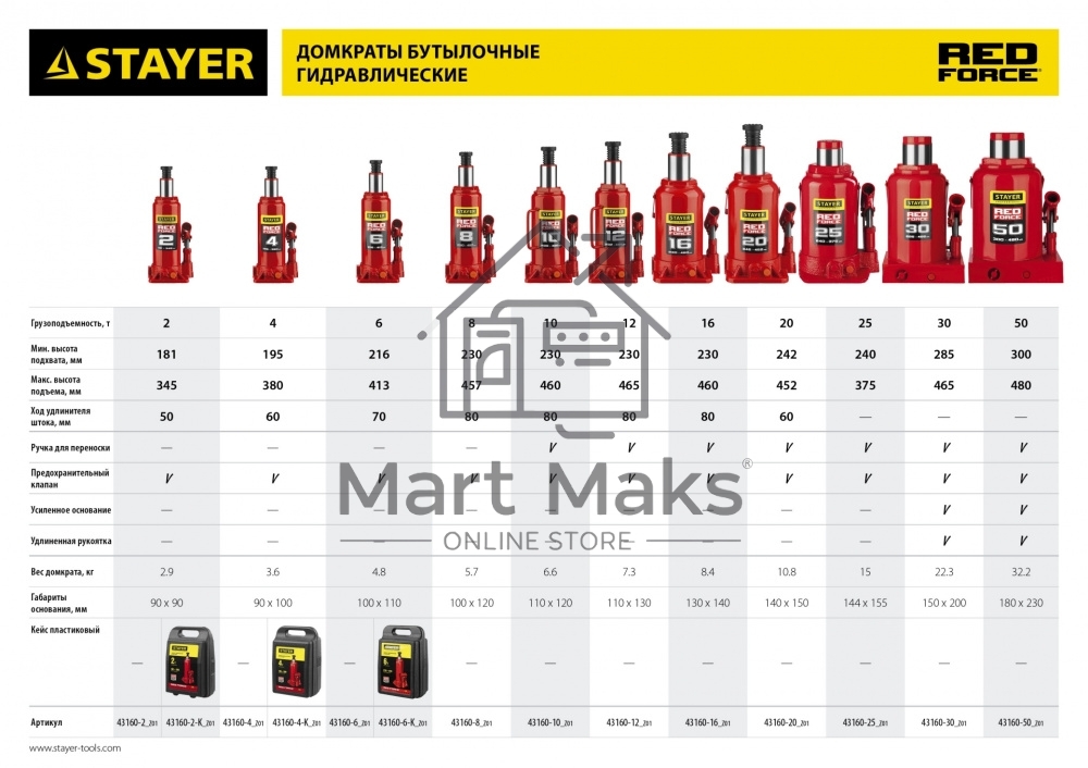 Домкрат STAYER 43160-4_z01гидравлический бутылочный red force 4т 195-380мм